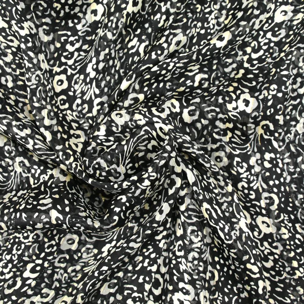 Mousseline imprimée bande satin fleurs fond noir - Image 2