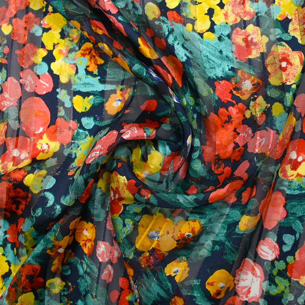 Mousseline imprimée bande satin Flora corail, jaune et vert d'eau fond marine - Image 2