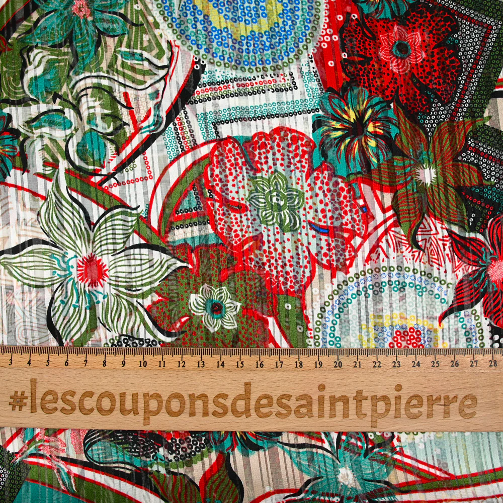 Mousseline imprimée bande satin rosée florale vert d'eau et rouge - Image 3