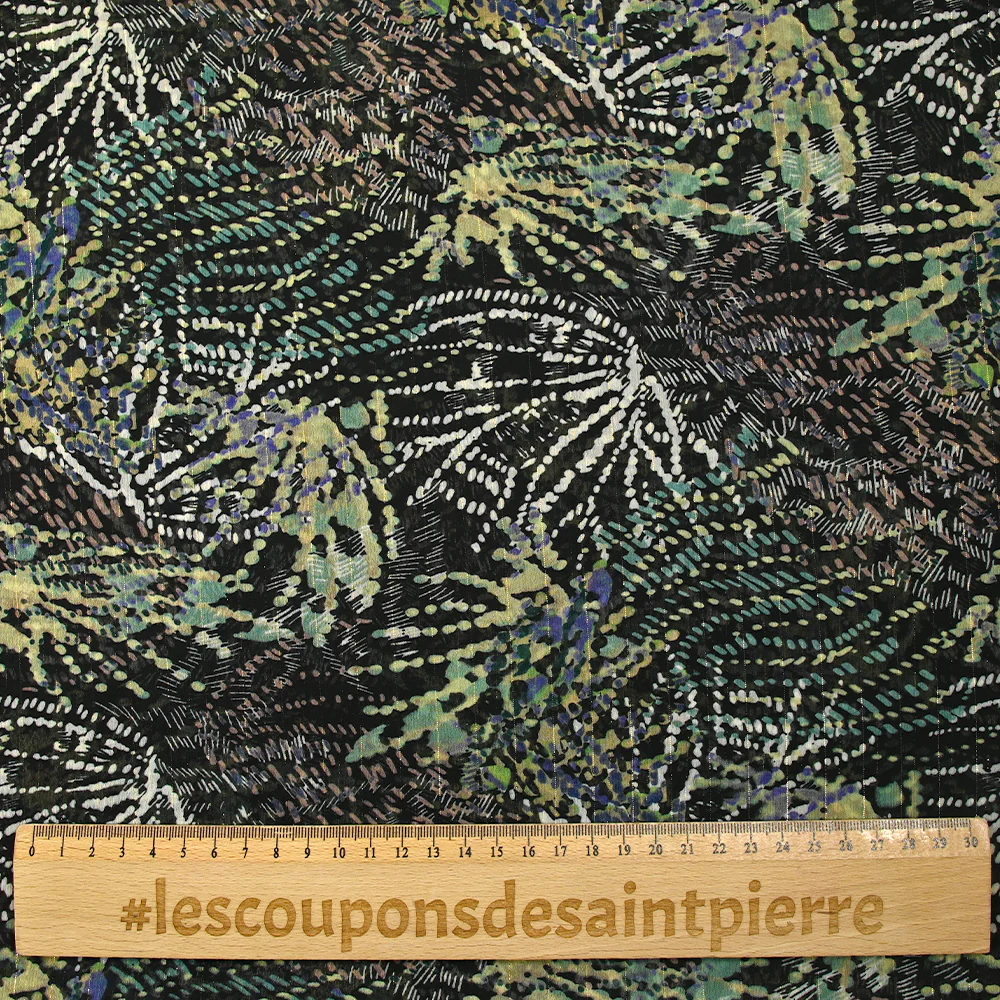 Mousseline imprimée lurex feu d'artifice vert sauge fond noir - Image 3