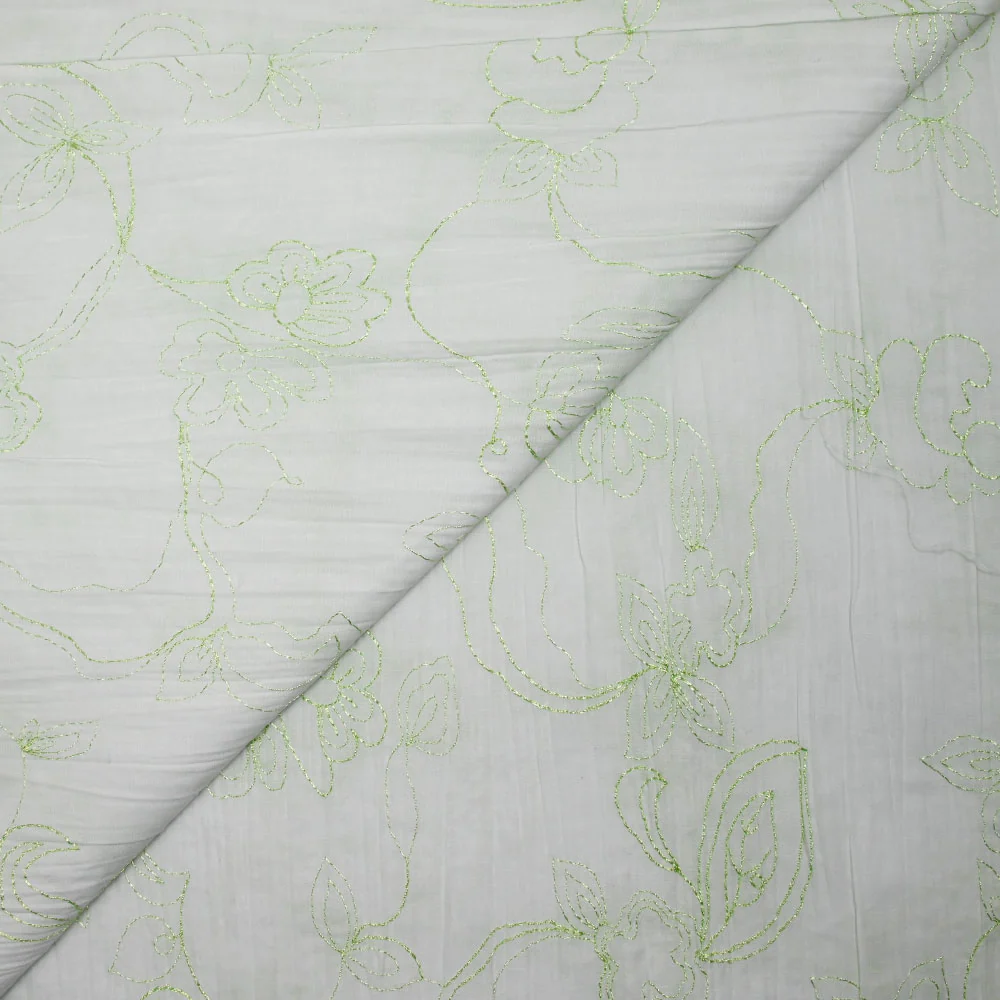 Polycoton froissé et brodé fleurs vert anis