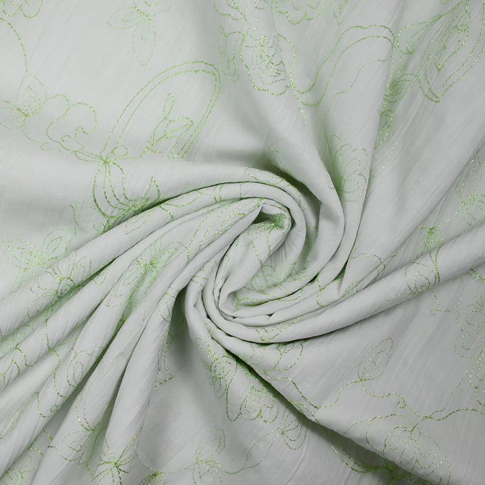 Polycoton froissé et brodé fleurs vert anis - Image 2