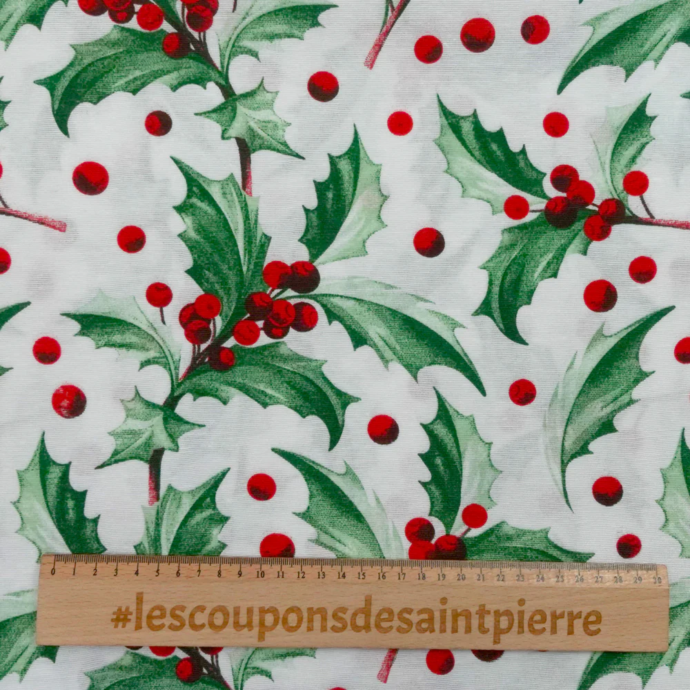 Polycoton imprimé Noël houx vert et boule rouge - Image 3