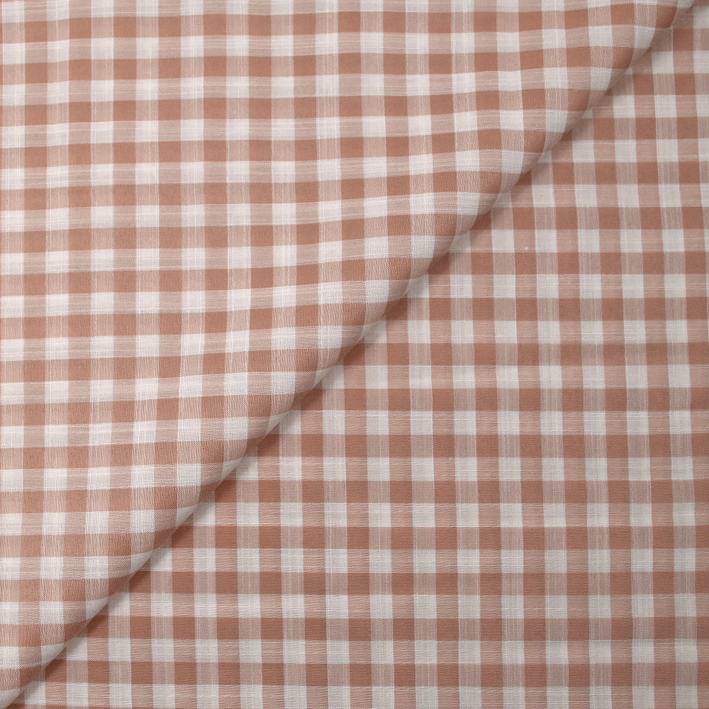 Polycoton tissé-teint aspect lin vichy beige rosé et blanc