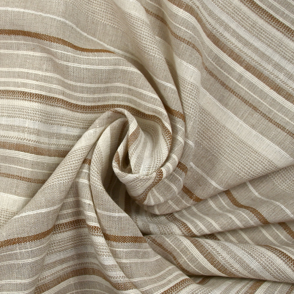 Polycoton tissé-teint rayé écru et marron fond grège - Image 2