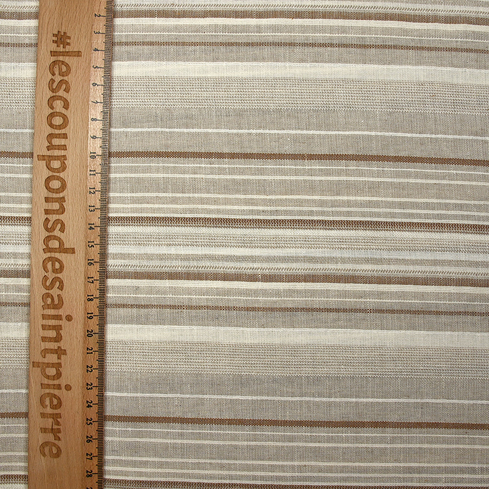 Polycoton tissé-teint rayé écru et marron fond grège - Image 3