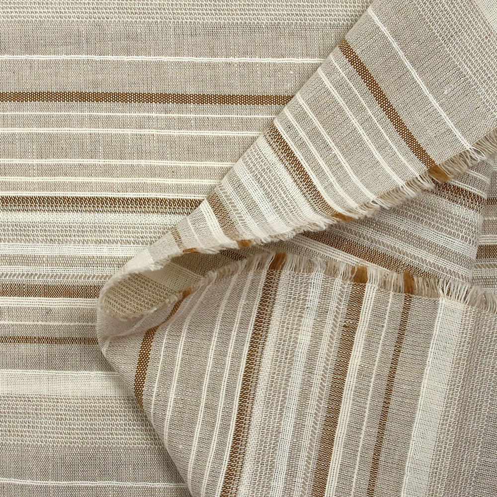 Polycoton tissé-teint rayé écru et marron fond grège - Image 5