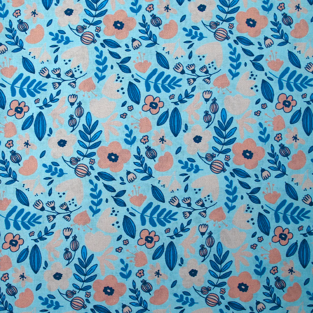 Popeline de coton imprimée bonheur floral fond bleu ciel