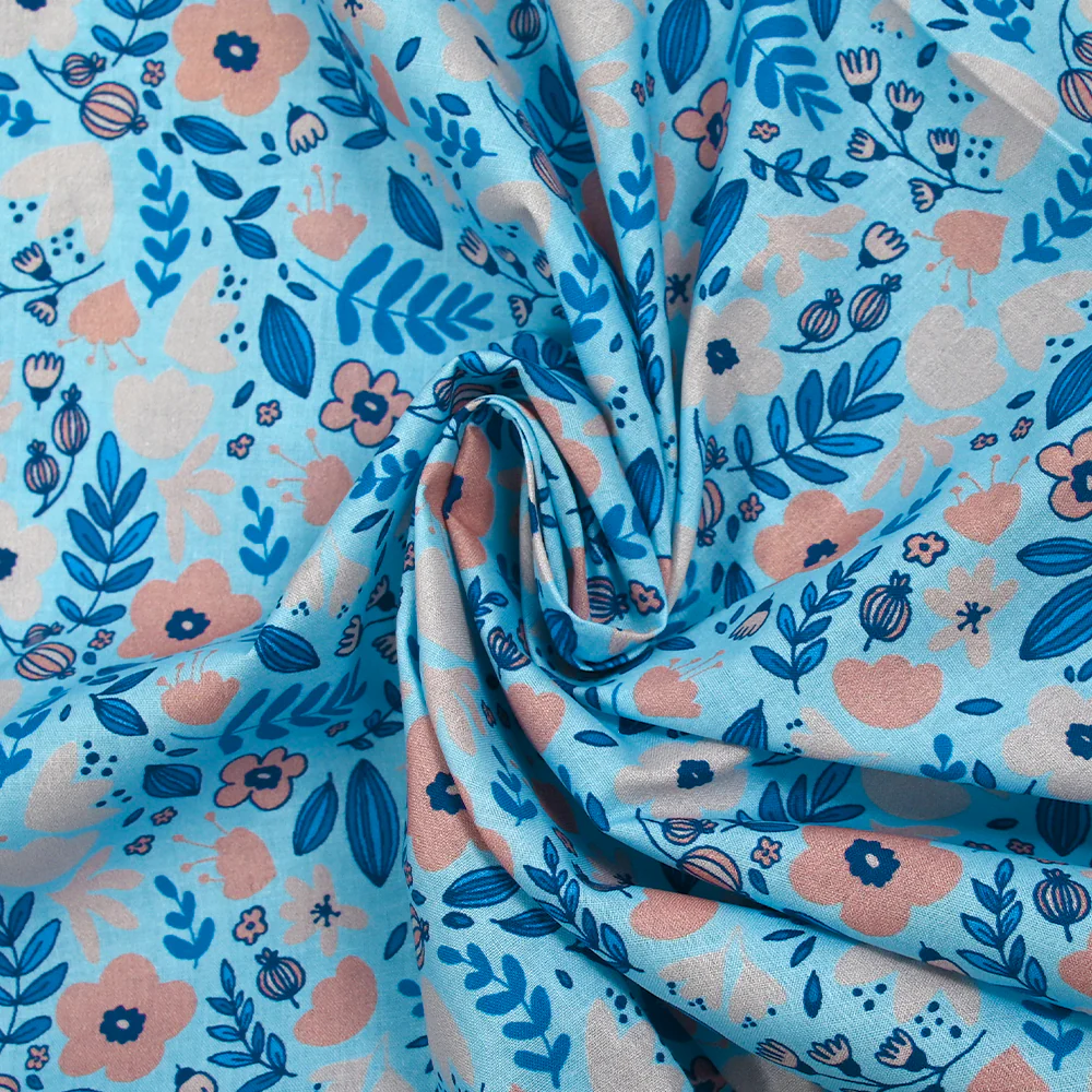 Popeline de coton imprimée bonheur floral fond bleu ciel - Image 2