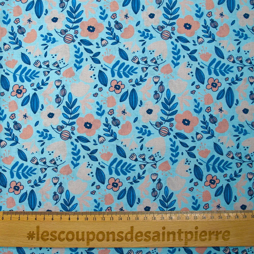 Popeline de coton imprimée bonheur floral fond bleu ciel - Image 3