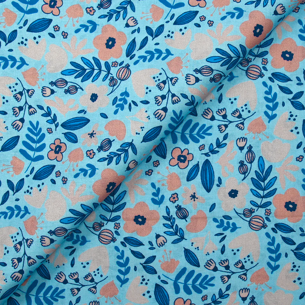 Popeline de coton imprimée bonheur floral fond bleu ciel - Image 4