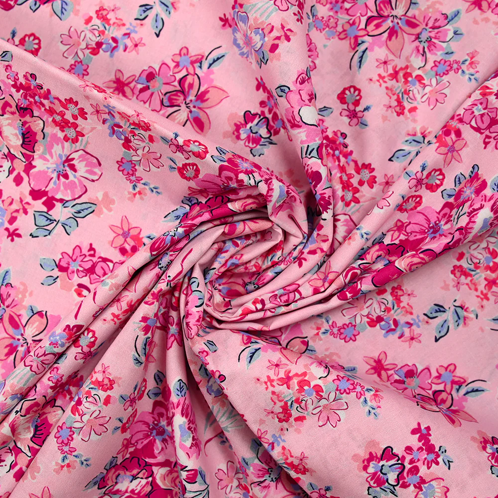 Popeline de coton imprimée bouquet de fleurs fuchsia fond rose dragée - Image 2