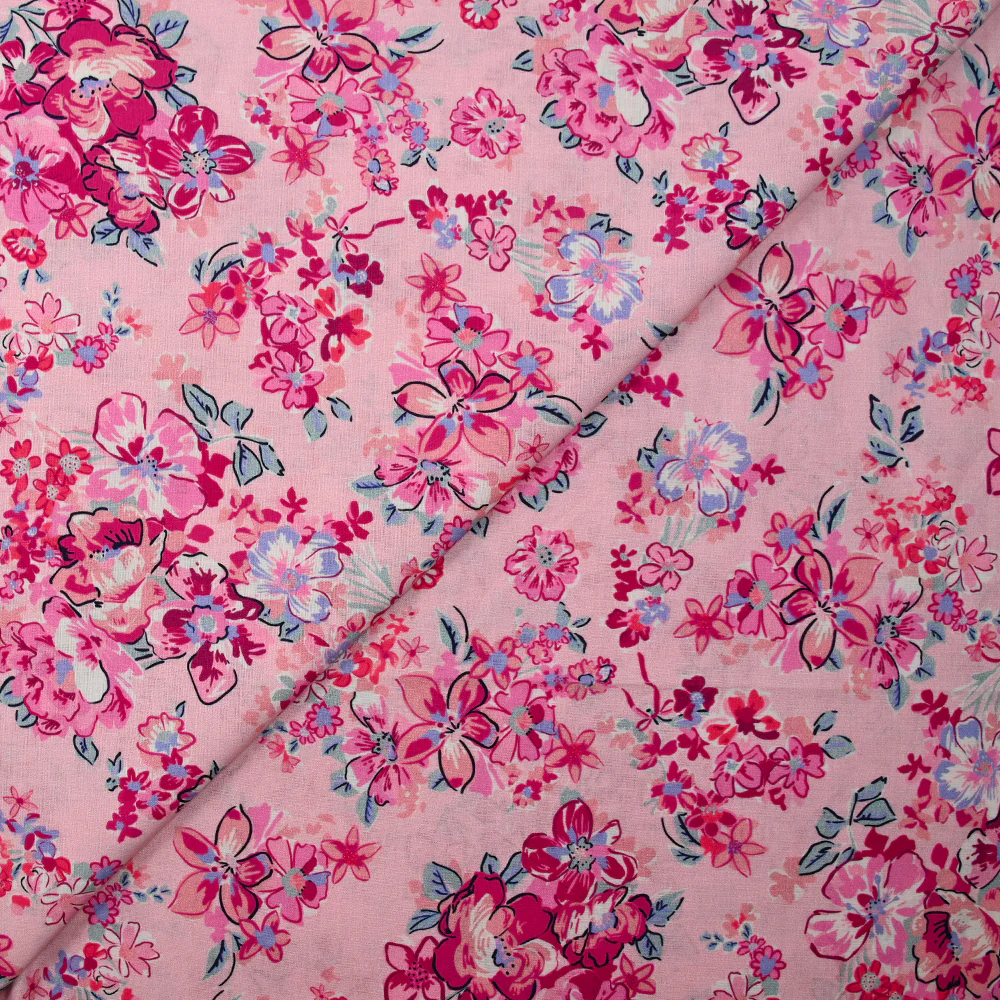 Popeline de coton imprimée bouquet de fleurs fuchsia fond rose dragée - Image 4