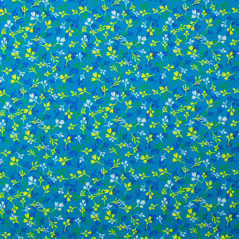 Popeline de coton imprimée bourgeon jaune et bleu fond turquoise