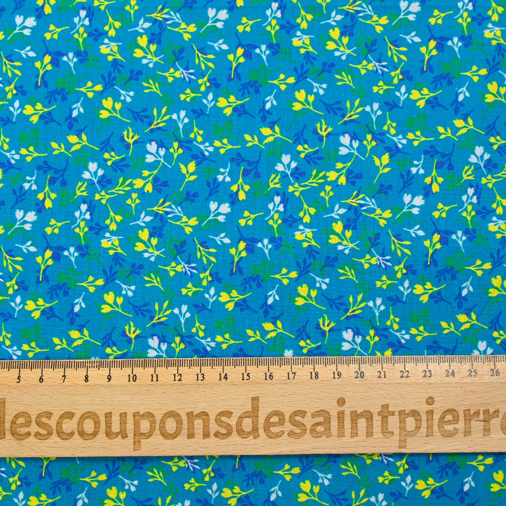 Popeline de coton imprimée bourgeon jaune et bleu fond turquoise - Image 3