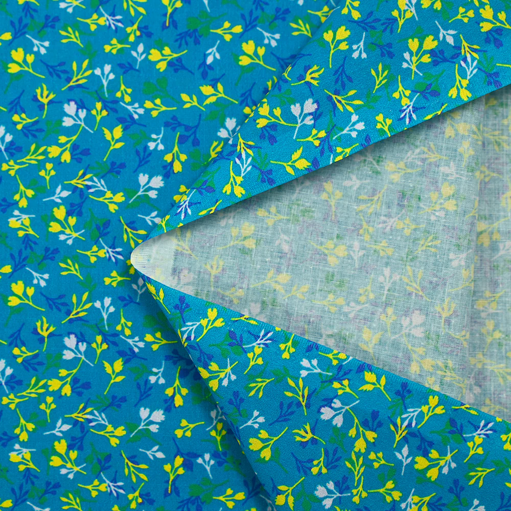 Popeline de coton imprimée bourgeon jaune et bleu fond turquoise - Image 5