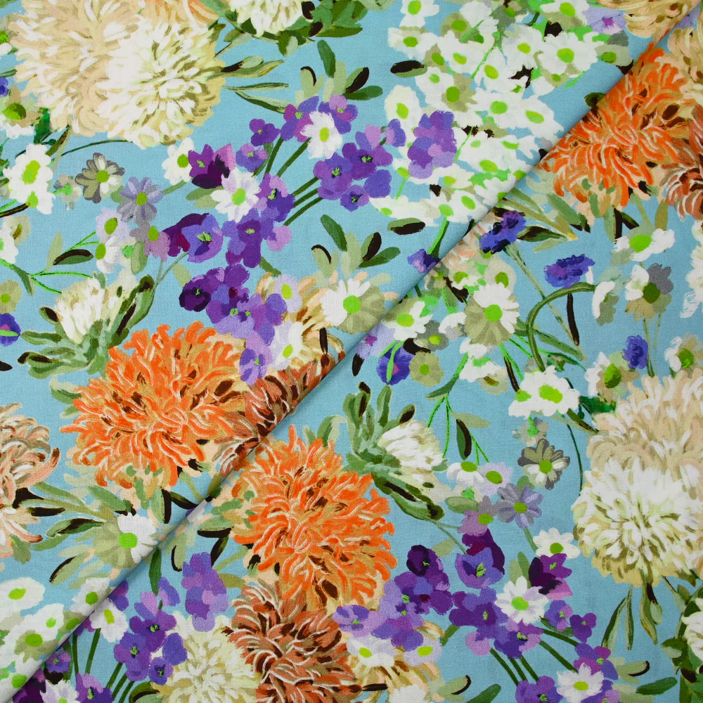 Popeline de coton imprimée champêtre orange fond bleu - Image 5