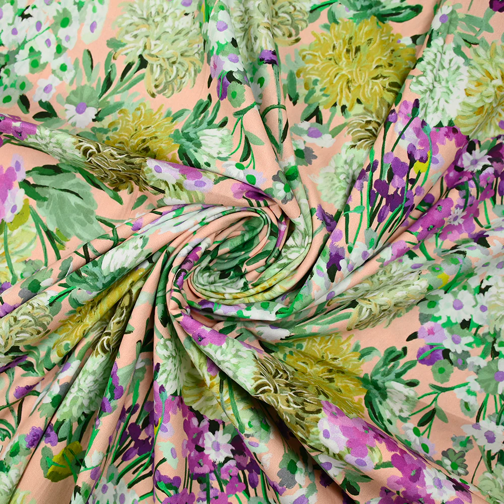 Popeline de coton imprimée champêtre vert fond rose - Image 2
