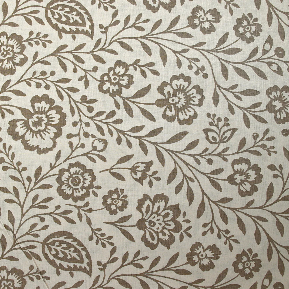 Popeline de coton imprimée empreinte fleurie taupe fond blanc cassé