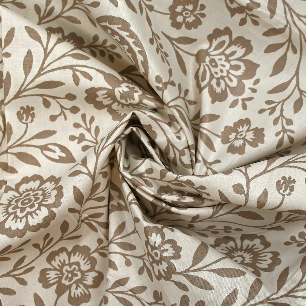 Popeline de coton imprimée empreinte fleurie taupe fond blanc cassé - Image 2
