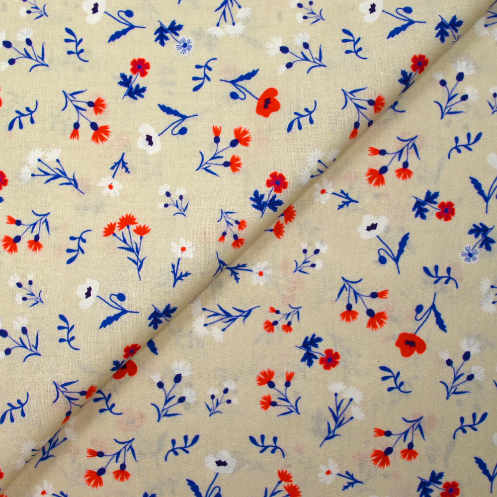 Popeline de coton imprimée envol de fleurs bleu, blanc, rouge fond grège - Image 4
