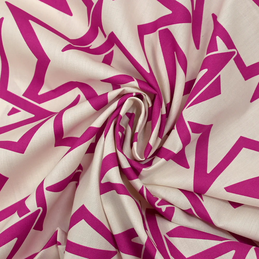 Popeline de coton imprimée étoiles en lien magenta fond blanc cassé - Image 2