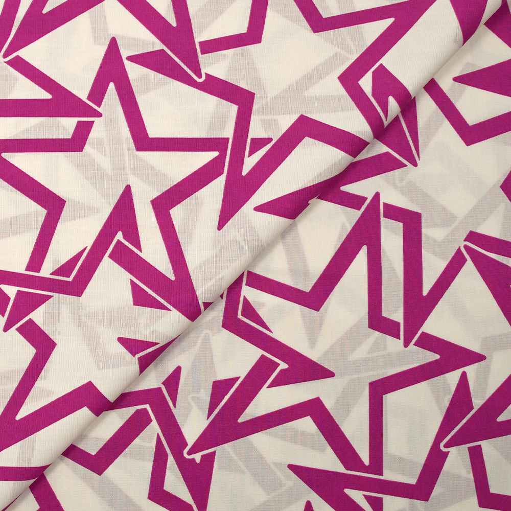 Popeline de coton imprimée étoiles en lien magenta fond blanc cassé - Image 4