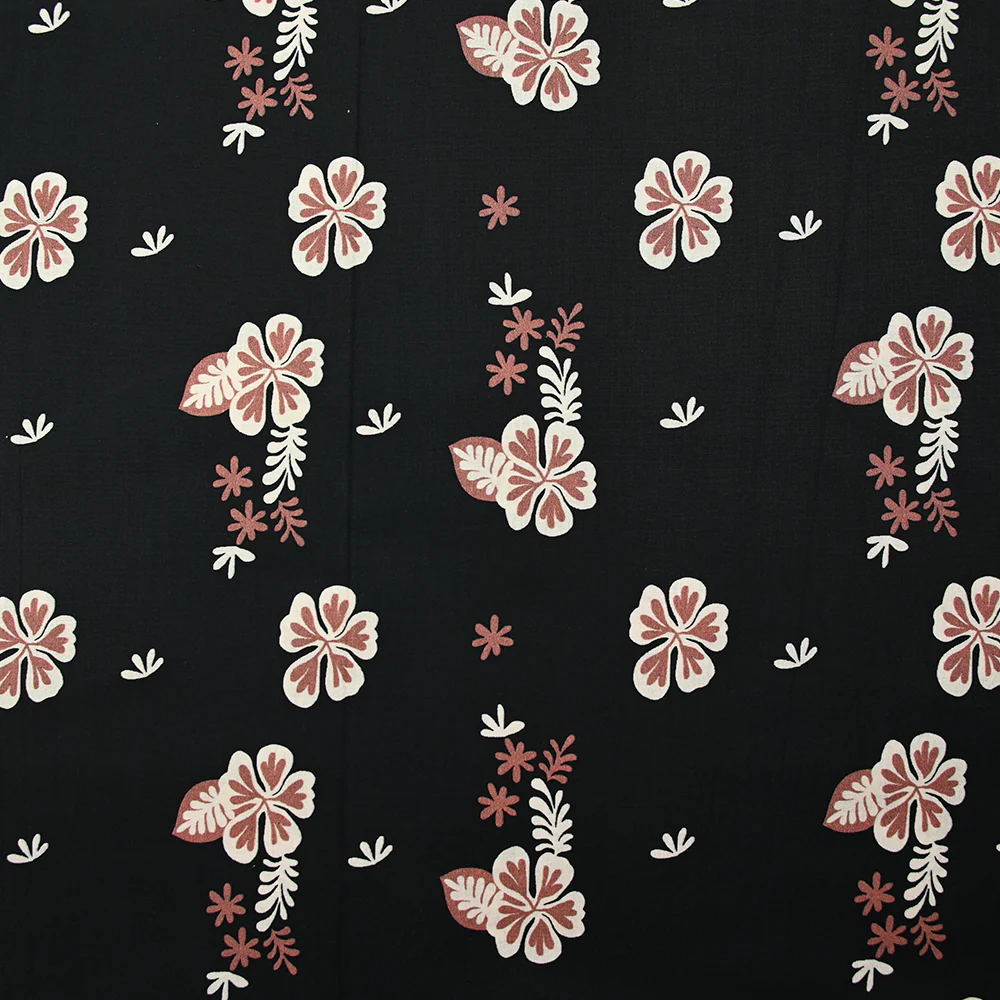 Popeline de coton imprimée fleur aloha marron fond noir
