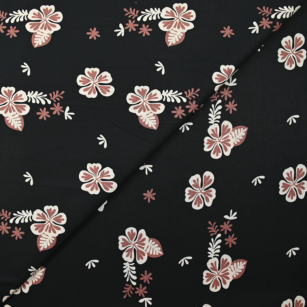 Popeline de coton imprimée fleur aloha marron fond noir - Image 4