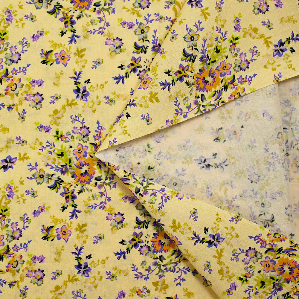 Popeline de coton imprimée fleur baroque mauve fond jaune pastel - Image 5