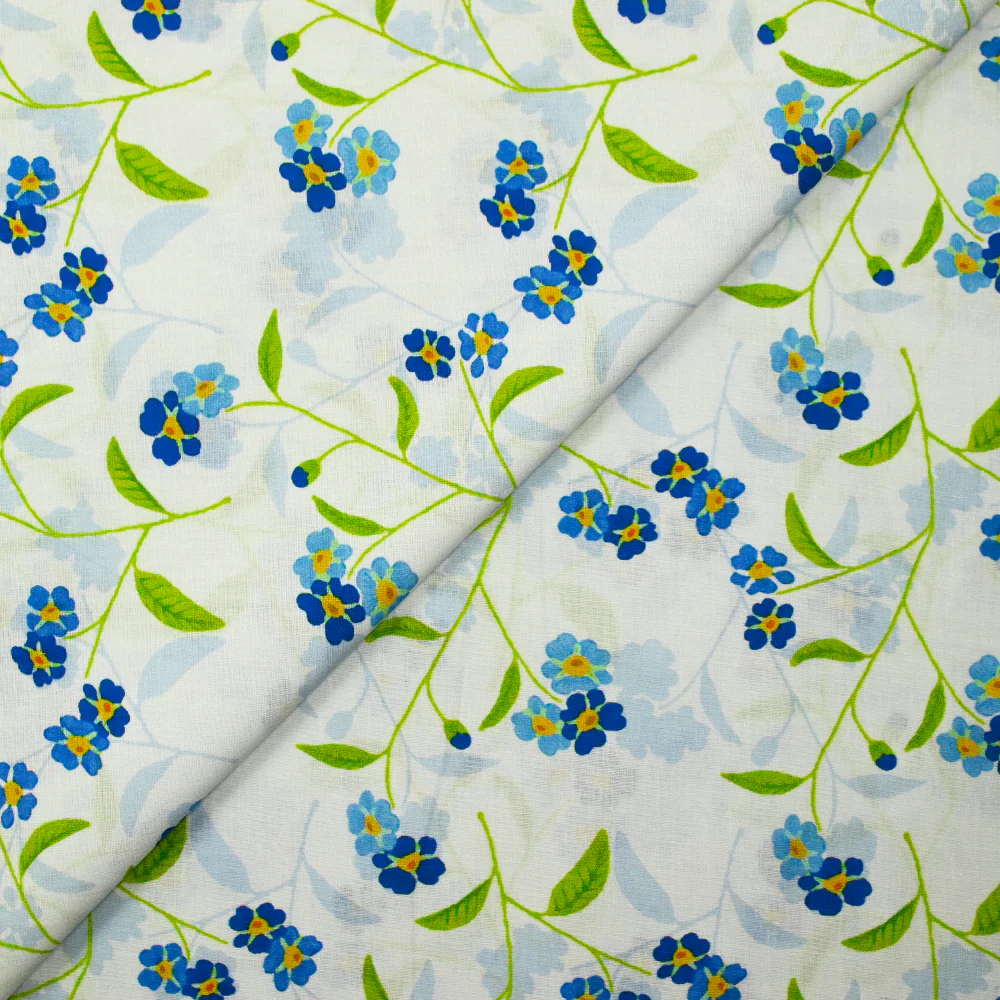 Popeline de coton imprimée fleur bleue et tige verte fond ciel - Image 5