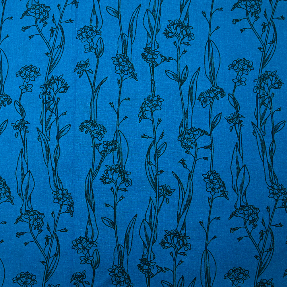 Popeline de coton imprimée fleur fine noir fond turquoise