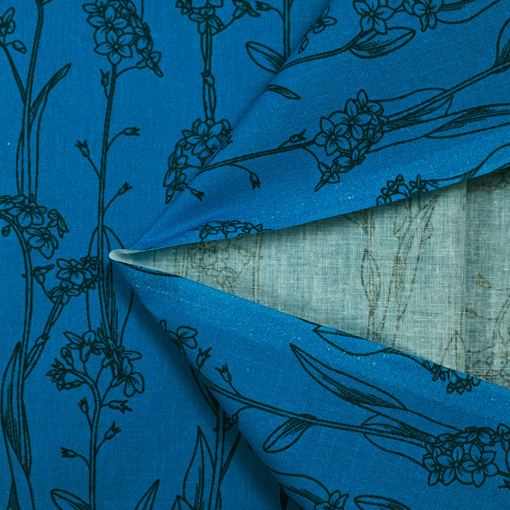 Popeline de coton imprimée fleur fine noir fond turquoise - Image 5