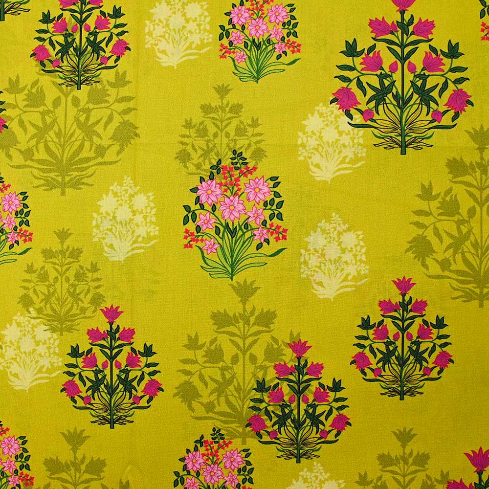 Popeline de coton imprimée fleur ornementale fuchsia fond anis
