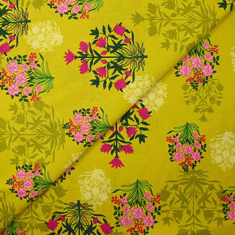 Popeline de coton imprimée fleur ornementale fuchsia fond anis - Image 4