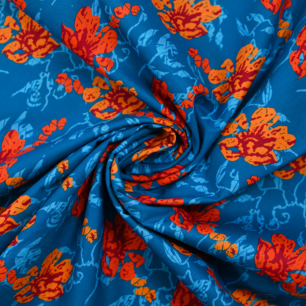 Popeline de coton imprimée fleur stylisée orange fond turquoise - Image 2