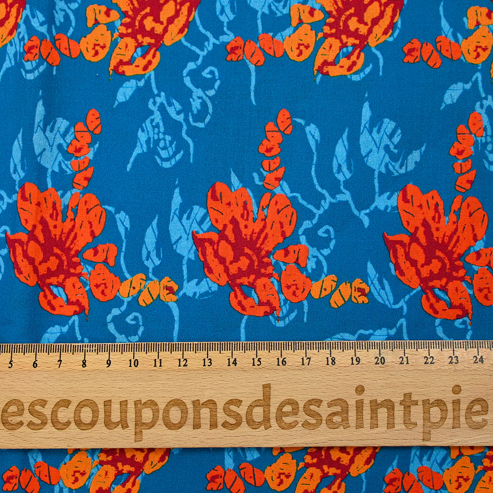 Popeline de coton imprimée fleur stylisée orange fond turquoise - Image 3