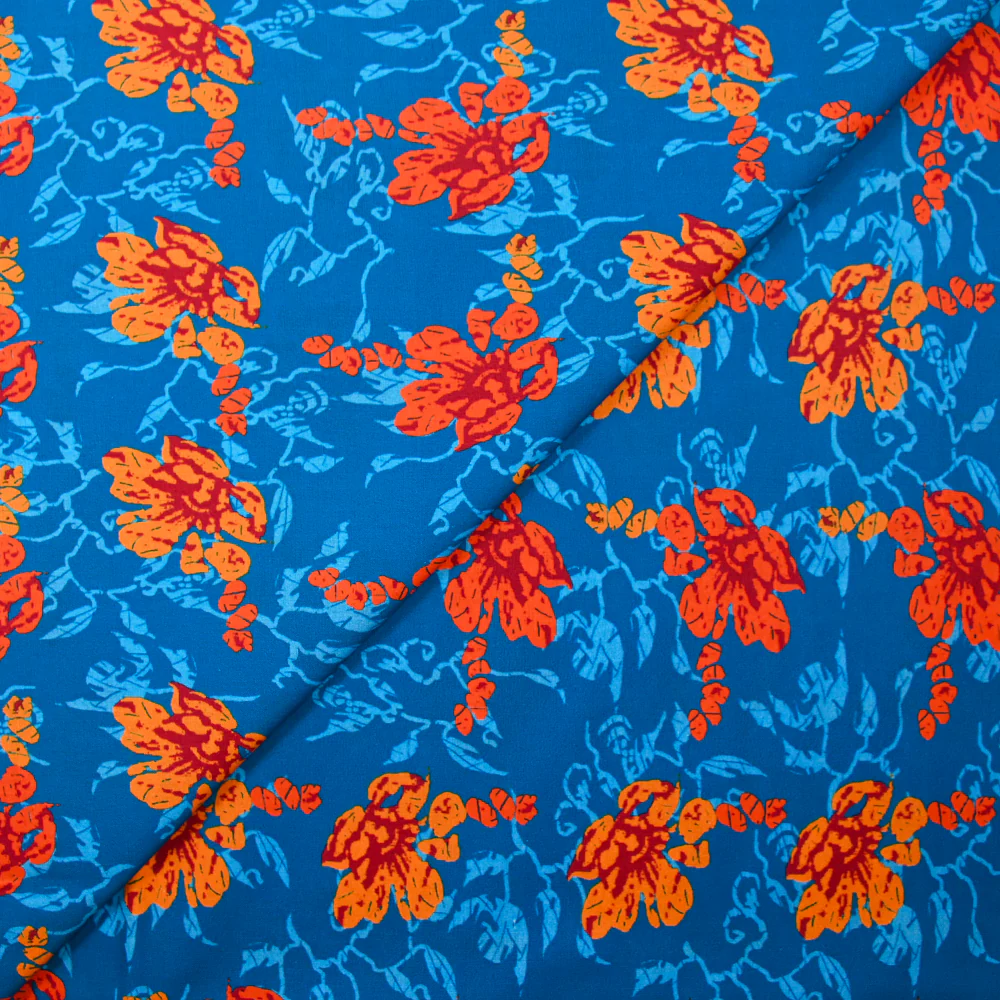 Popeline de coton imprimée fleur stylisée orange fond turquoise - Image 4