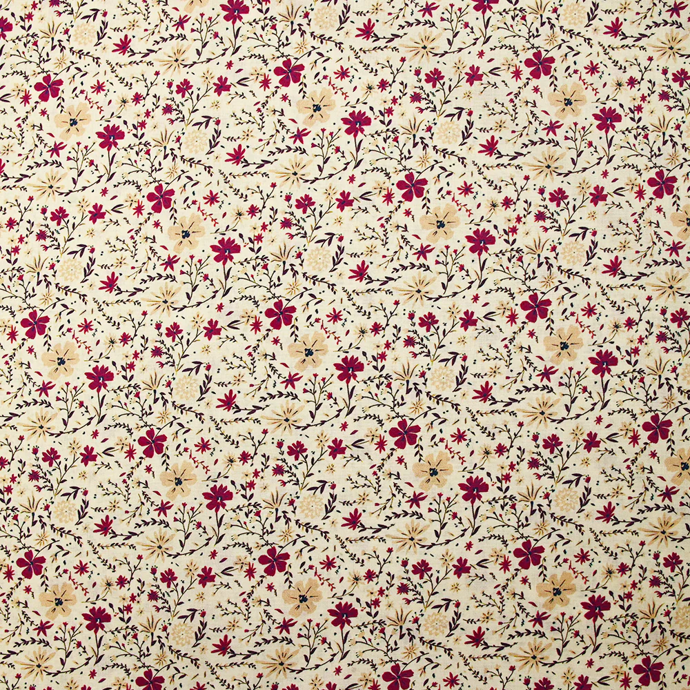 Popeline de coton imprimée fleurs bordeaux et beige fond écru