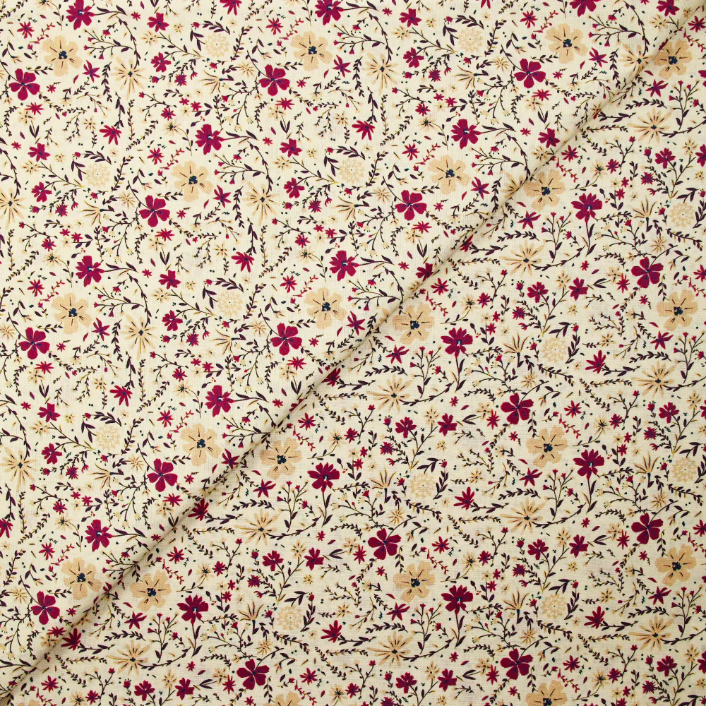 Popeline de coton imprimée fleurs bordeaux et beige fond écru - Image 4