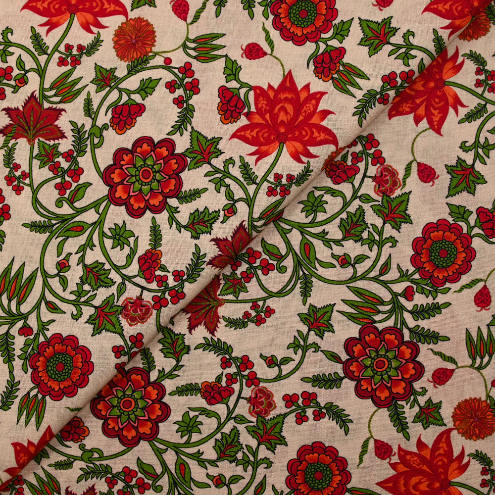 Popeline de coton imprimée fleurs folklorique rouge et vert fond écru - Image 4