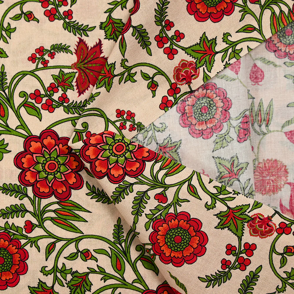 Popeline de coton imprimée fleurs folklorique rouge et vert fond écru - Image 5