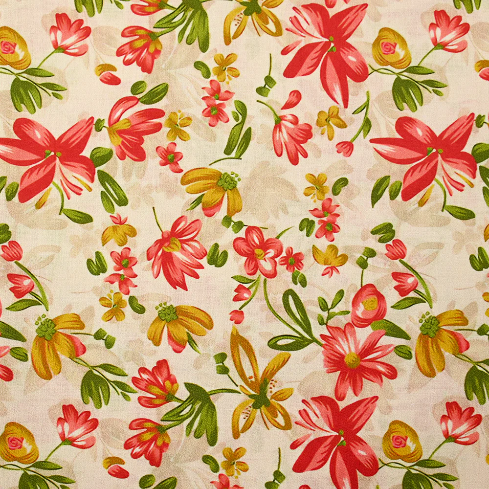 Popeline de coton imprimée fleurs ocre et rouge fond beige