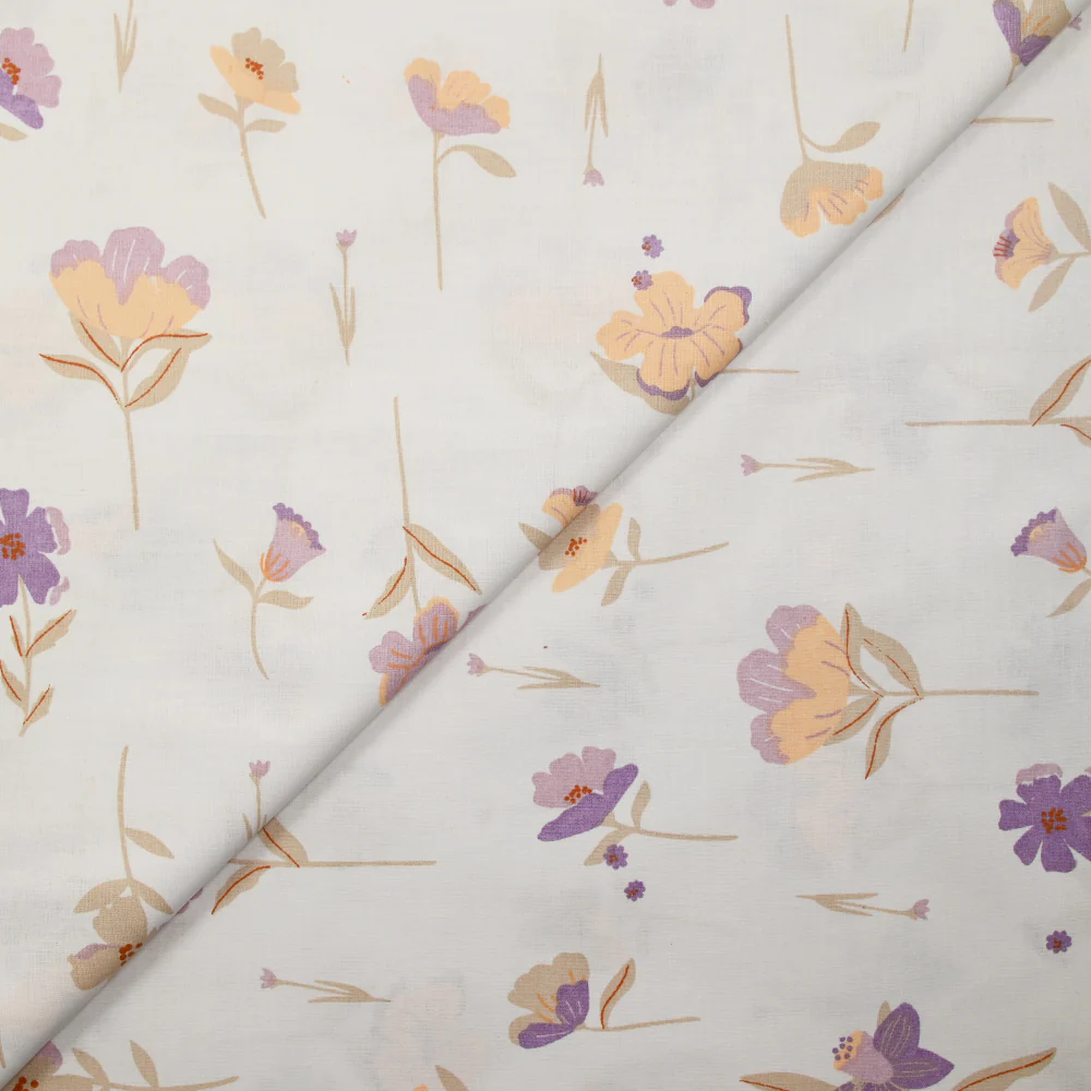 Popeline de coton imprimĂ©e fleurs pastel mauve et pĂȘche fond blanc - Image 4