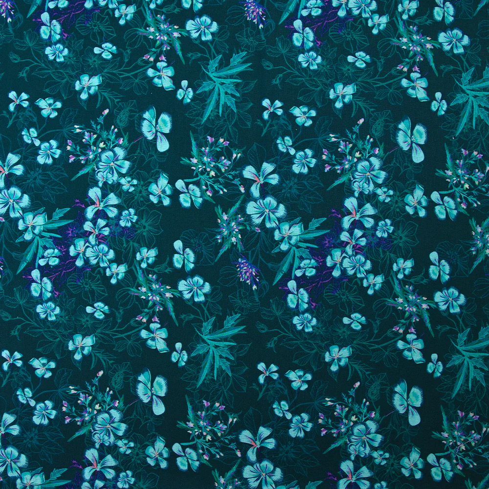 Popeline de coton imprimée fleurs turquoise fond bleu foncé