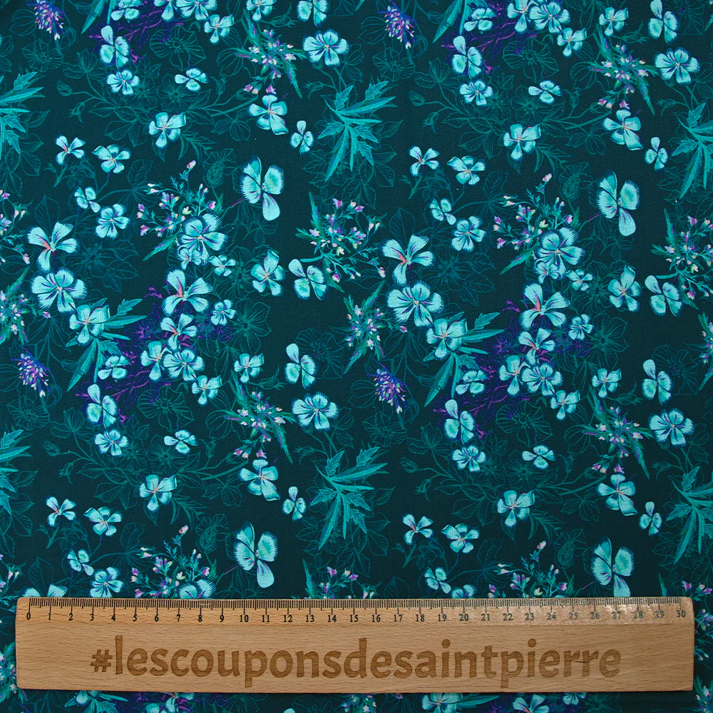 Popeline de coton imprimée fleurs turquoise fond bleu foncé - Image 3