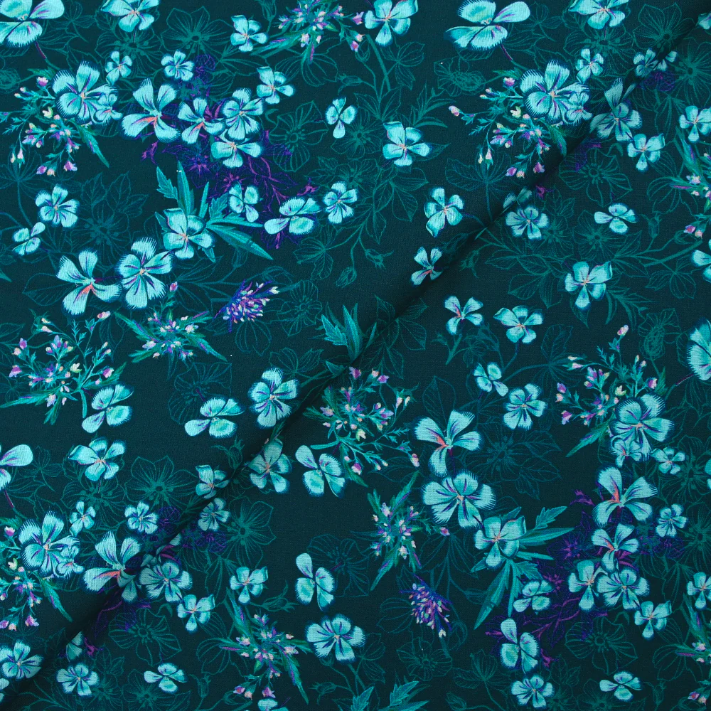 Popeline de coton imprimée fleurs turquoise fond bleu foncé - Image 4