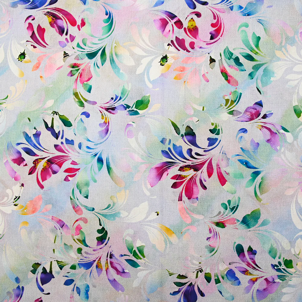 Popeline de coton imprimée floral abstrait multicolore fond mauve