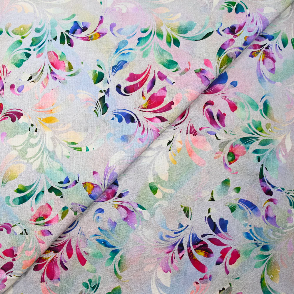 Popeline de coton imprimée floral abstrait multicolore fond mauve - Image 4