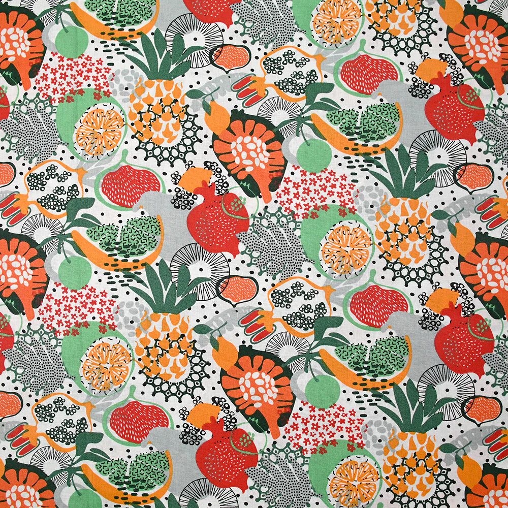 Popeline de coton imprimée fruit exotique orange et vert